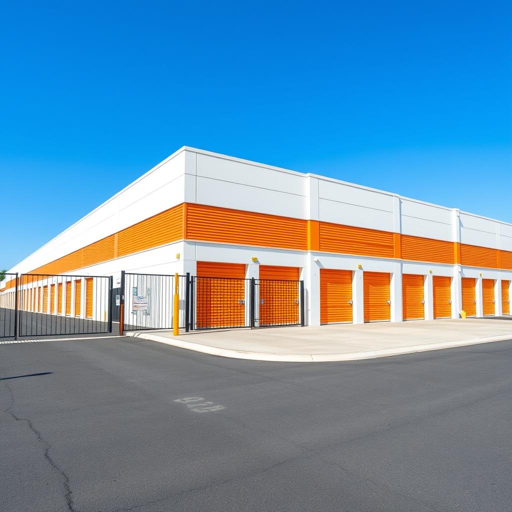 Modern self-storage facility with drive-up units and security gate